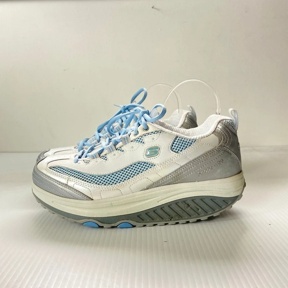 Skechers Shape Ups White Leather Blue Silver Lace Up Sneakers Womens 10